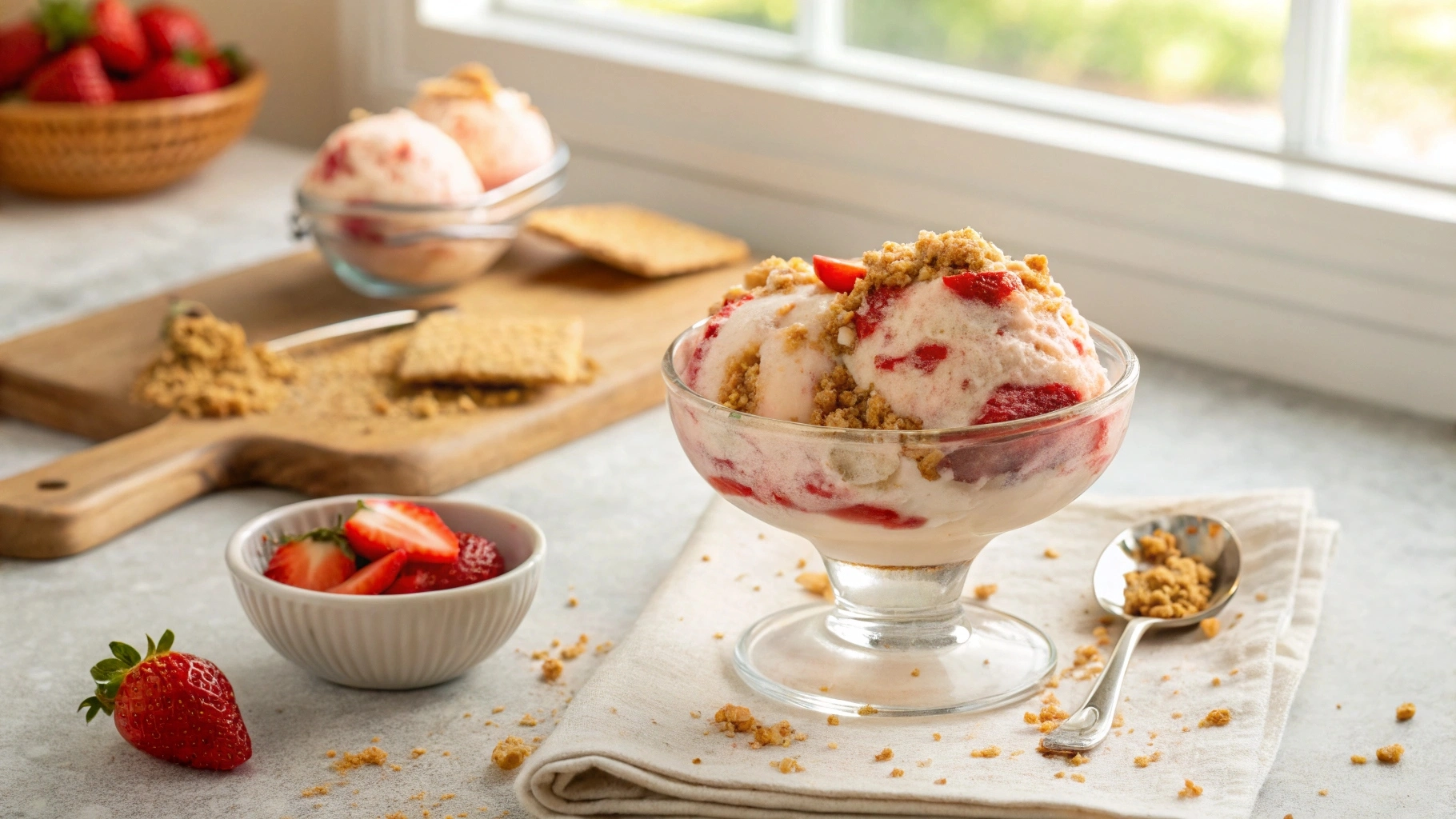 Strawberry cheesecake ice cream in a glass bowl with graham cracker crumbs and fresh strawberries.
