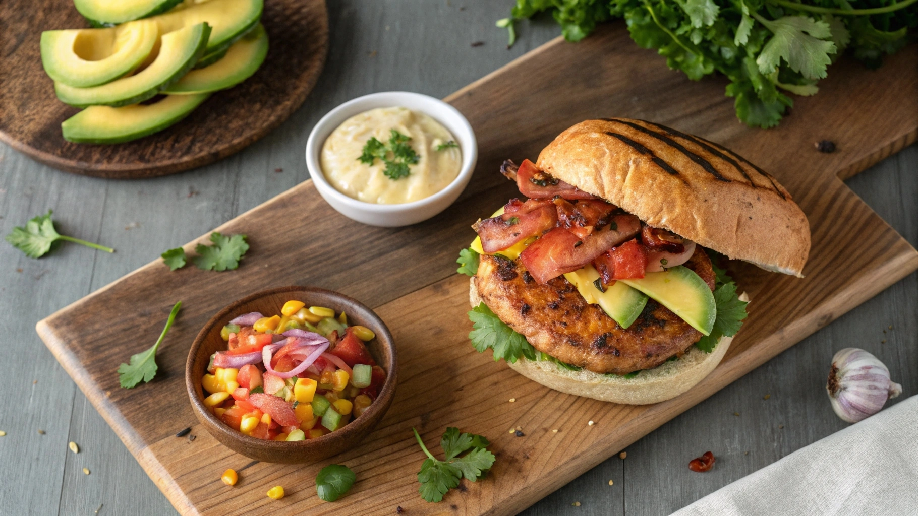 A freshly made salmon burger topped with crispy bacon, avocado, and tomato, served on a toasted bun. Alongside the burger, there is a bowl of mango salsa and a side of roasted garlic aioli on a rustic wooden cutting board.