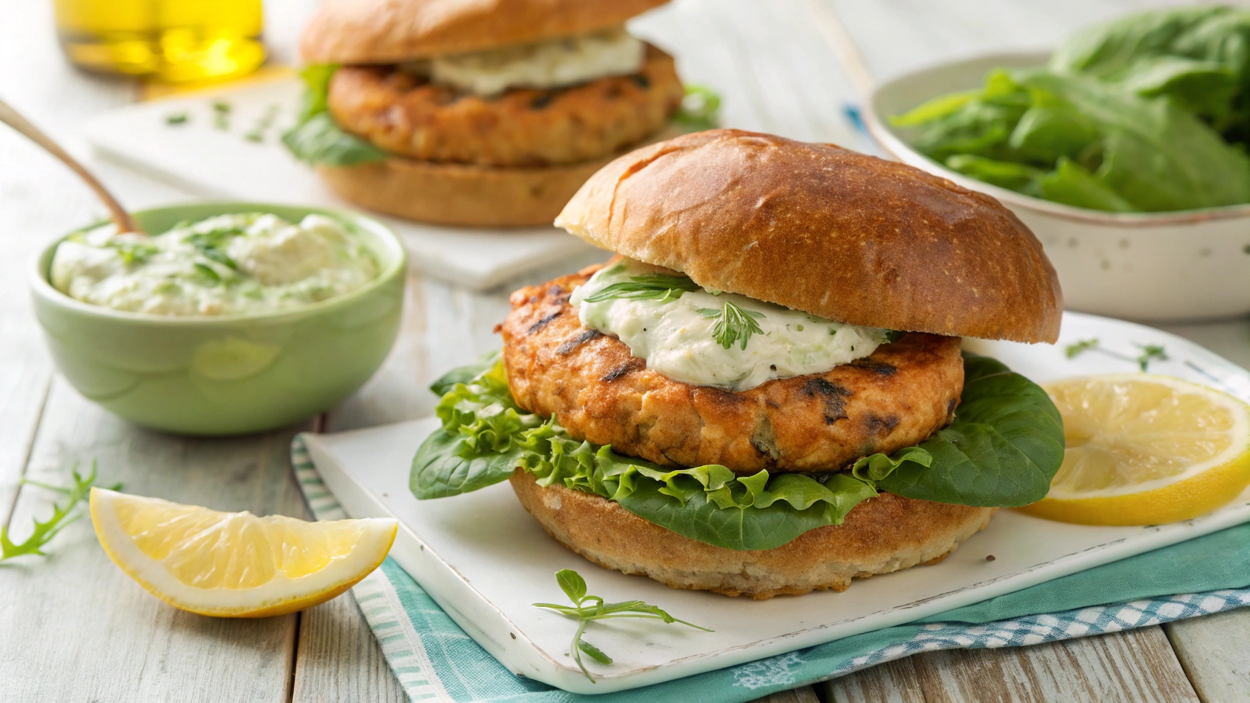 A delicious salmon burger with a crispy patty, fresh lettuce, and creamy lemon basil mayo, with the top bun resting on the table.