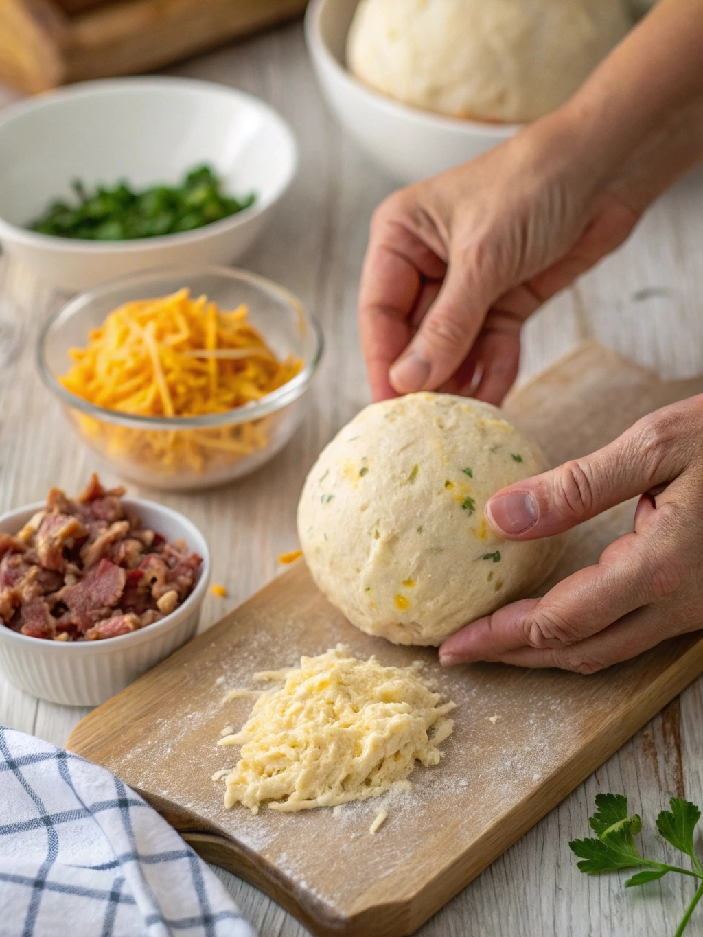 Hands shaping a creamy cheese mixture into a smooth, round cheese ball on a wooden surface, with bowls of dried beef, cheddar, and herbs nearby.