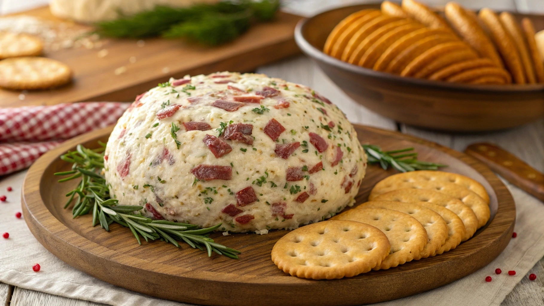 Cheese ball coated with dried beef and fresh herbs, surrounded by crackers on a wooden platter.
