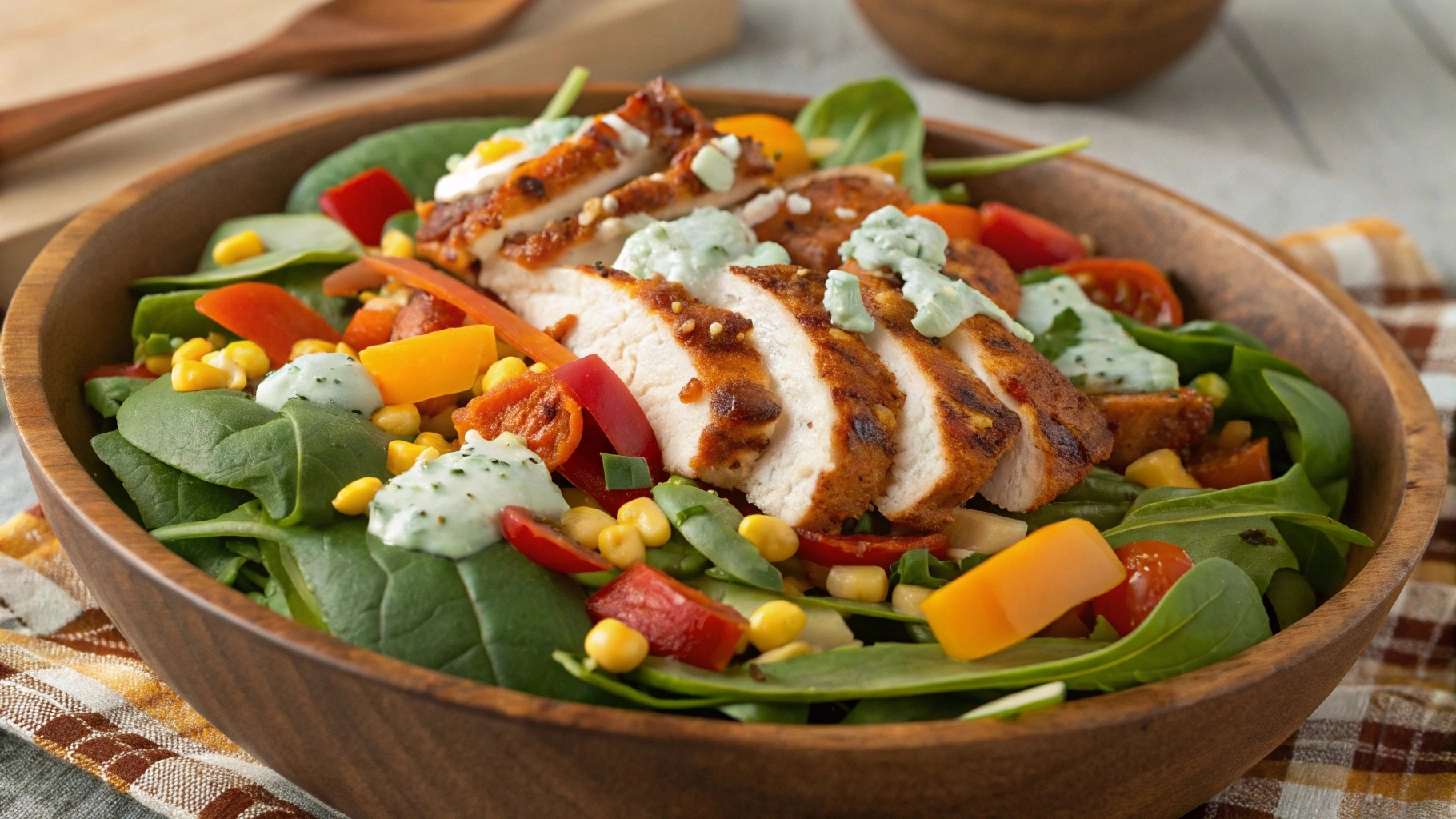 A fresh Buffalo Chicken Salad with grilled buffalo chicken, spinach, arugula, roasted corn, bell peppers, blue cheese, crispy bacon bits, sunflower seeds, and buffalo ranch dressing.