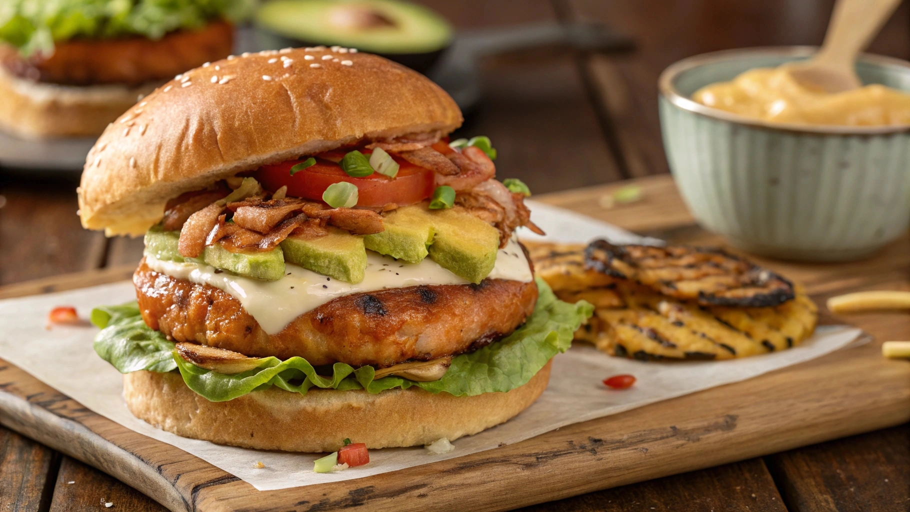 salmon burger with layered toppings including lettuce, tomato, cheese, bacon, avocado, grilled pineapple, and spicy salsa, served on a sturdy bun with a sauce. The background features a rustic wooden table or clean kitchen countertop.