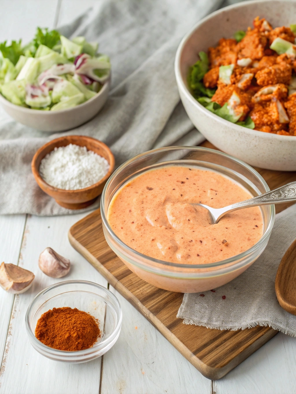 A creamy, tangy buffalo chicken salad dressing made from ranch dressing, hot sauce, garlic powder, and seasonings, surrounded by the key ingredients on a wooden kitchen countertop.