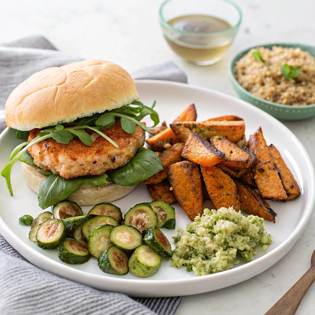 salmon burger served with grilled sweet potatoes, roasted Brussels sprouts, quinoa, and honey-glazed carrots.