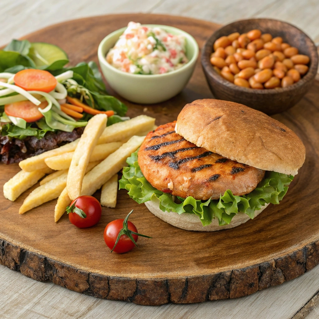 Realistic image of a salmon burger served with crispy French fries, coleslaw, baked beans, and a fresh salad with steamed veggies.