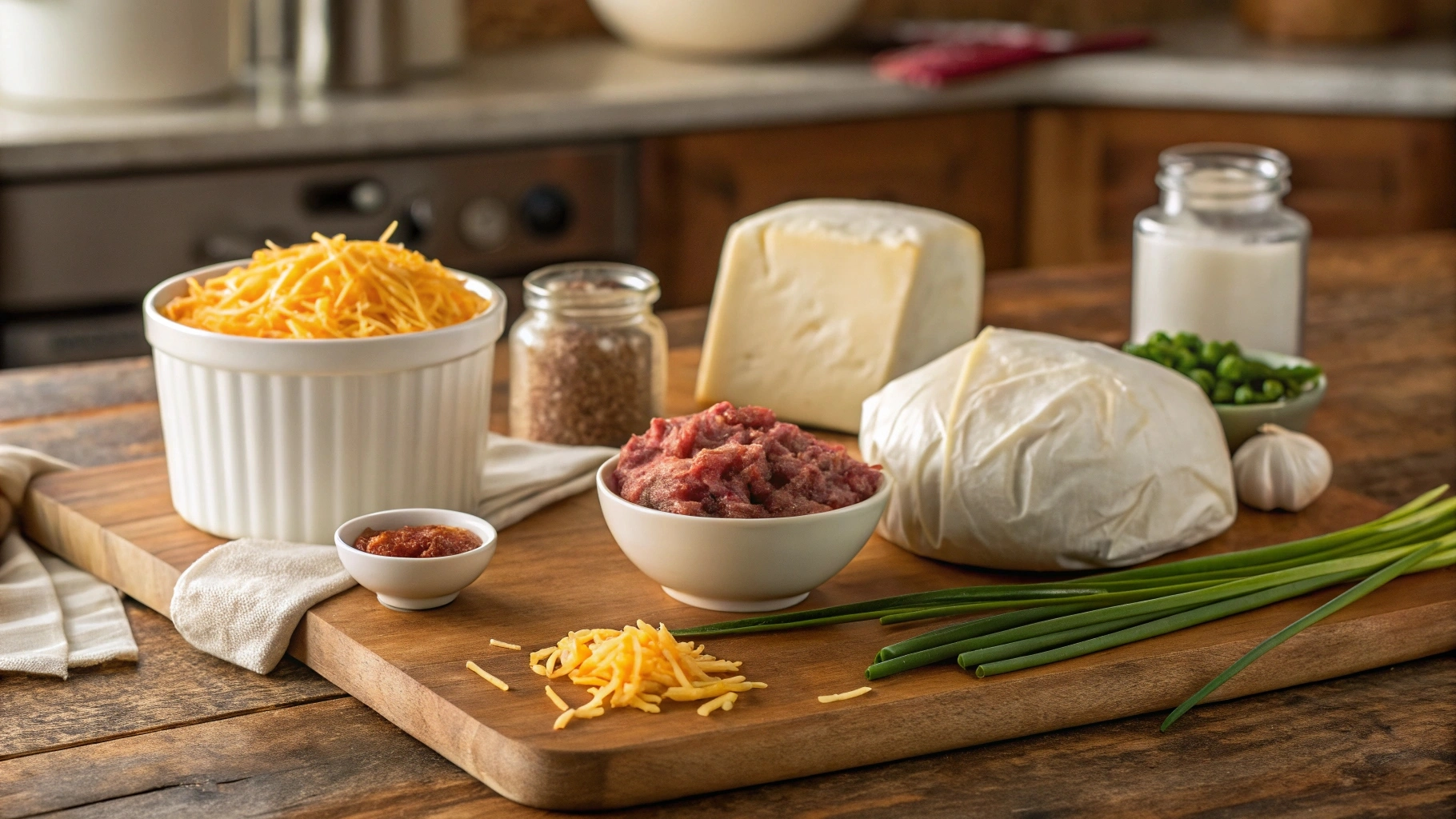 Essential ingredients for a dried beef cheese ball, including cream cheese, shredded cheddar, dried beef, green onions, and spices, arranged on a wooden countertop.