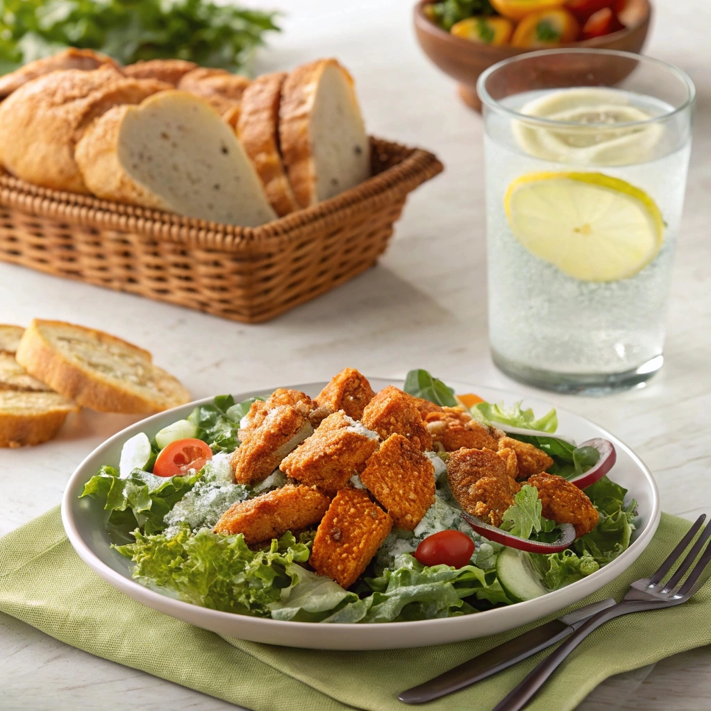 A plate of buffalo chicken salad with carrot sticks, celery, fresh fruit like apples and grapes, crispy fries, and a refreshing glass of lemonade with a lemon slice.