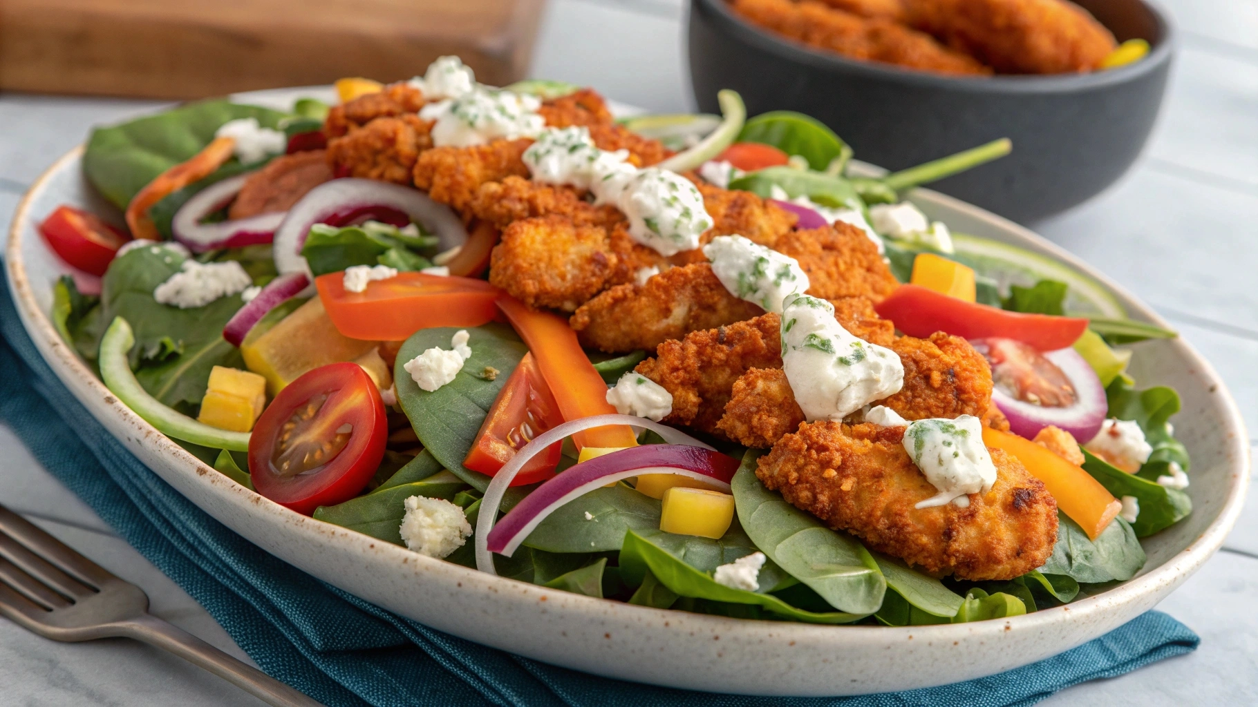 A vibrant buffalo chicken salad with crispy chicken breast, fresh greens, colorful bell peppers, tomatoes, and blue cheese, drizzled with creamy ranch dressing.