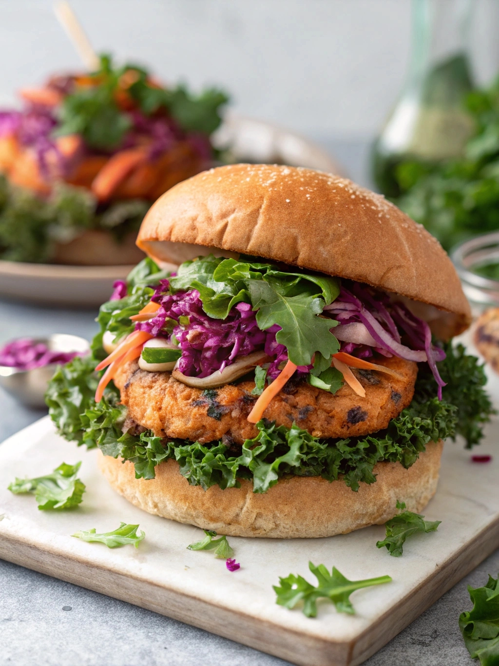 Salmon burger topped with fresh greens including crispy lettuce, soft spinach, and crunchy kale, with colorful slaw made from red cabbage, carrots, and beets.