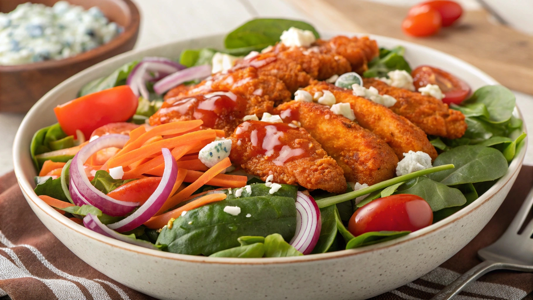 A bowl of Buffalo Chicken Salad with crispy buffalo chicken, fresh greens, cherry tomatoes, red onions, carrots, and blue cheese, drizzled with ranch dressing.