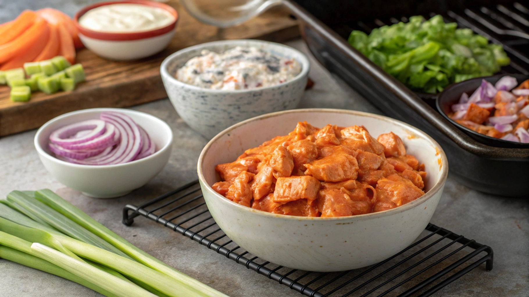 Raw marinated chicken breast coated in hot sauce, ranch dressing, diced celery, and red onion, ready for grilling or baking.