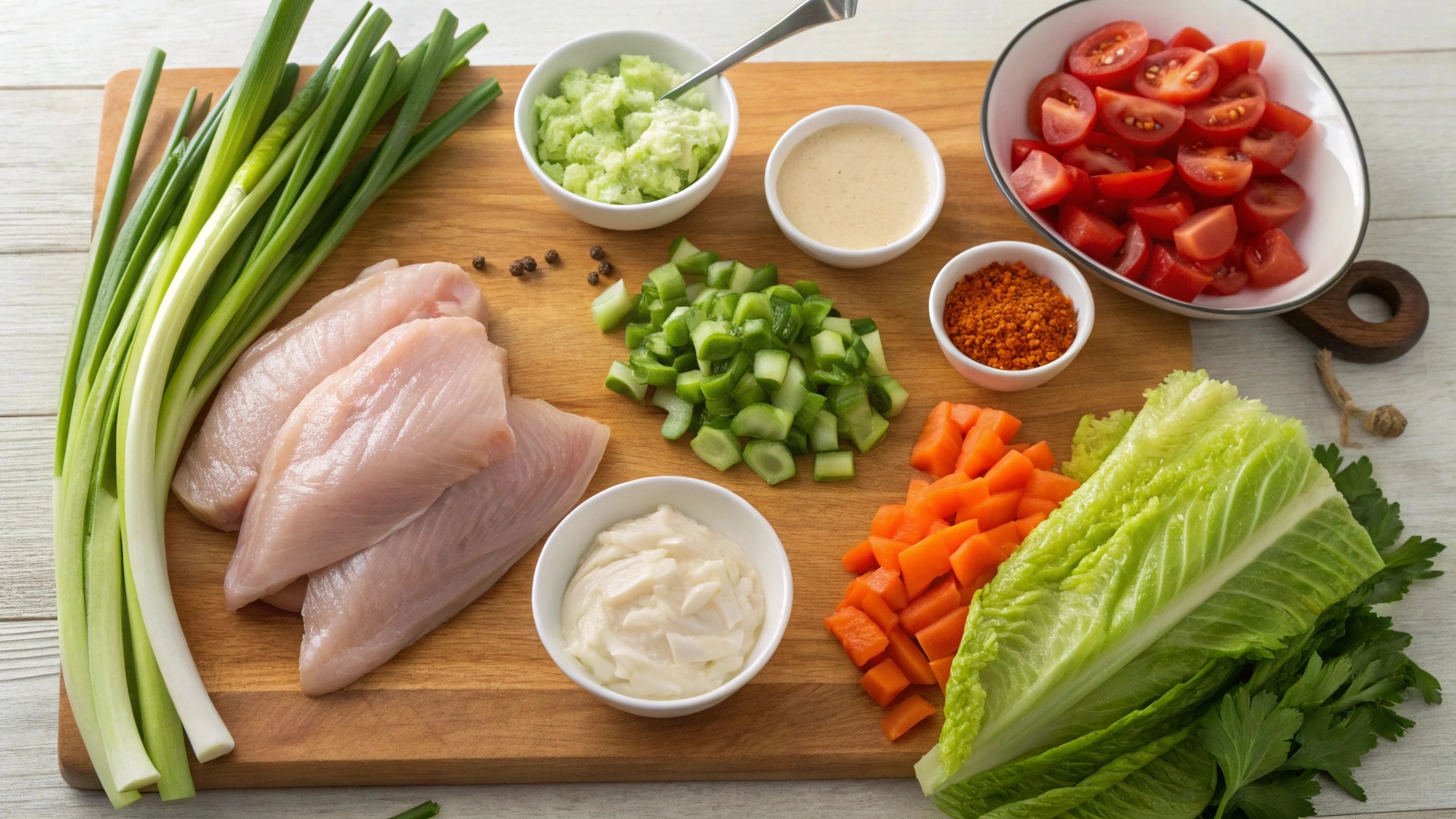 Fresh ingredients for Buffalo Chicken Salad, including raw chicken breast, romaine lettuce, celery, green onions, red onions, shredded carrots, cherry tomatoes, cucumber, and dressing ingredients.
