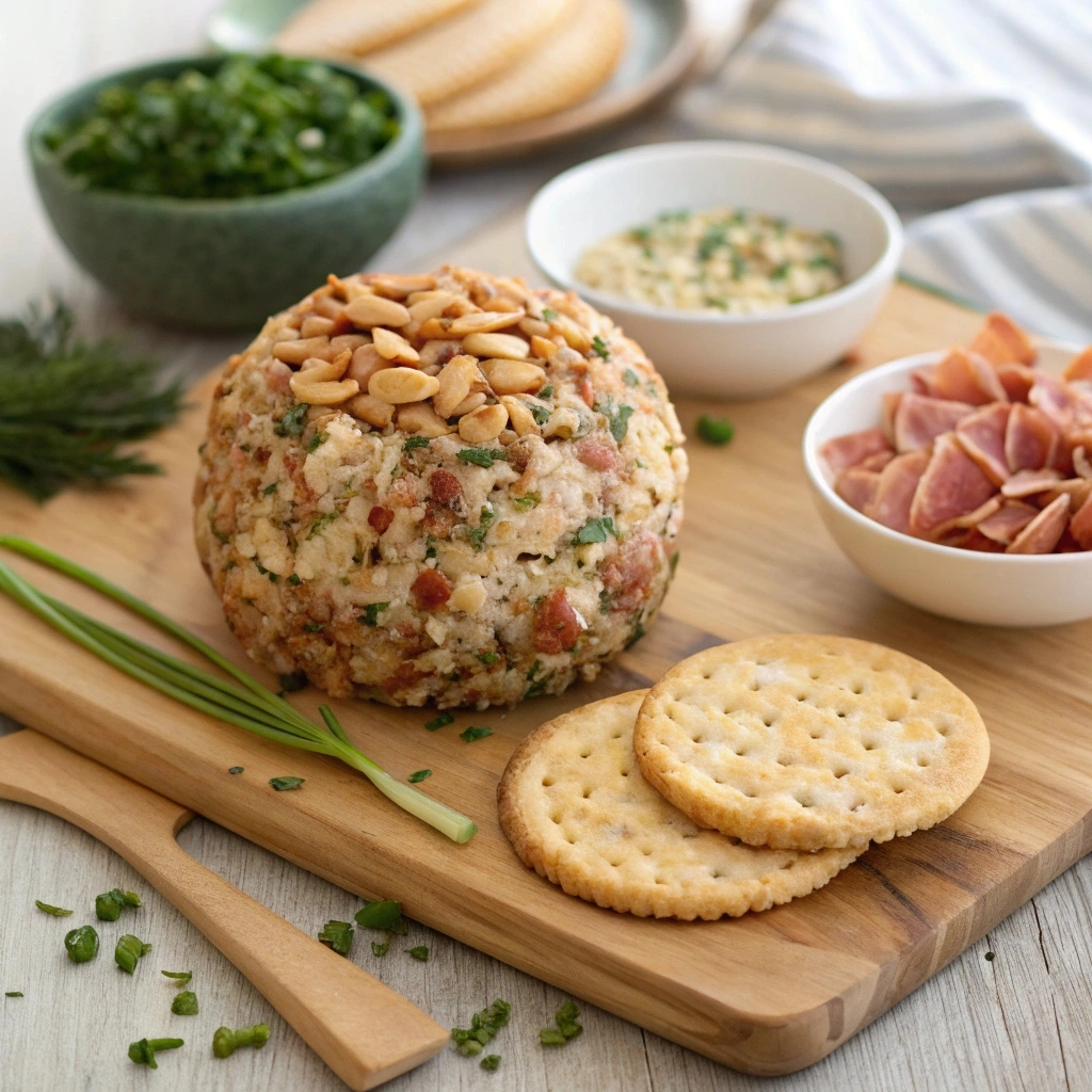 A cheese ball coated with chopped pecans, fresh dill, toasted almonds, and chives, placed on a wooden charcuterie board with crackers and cured meats.