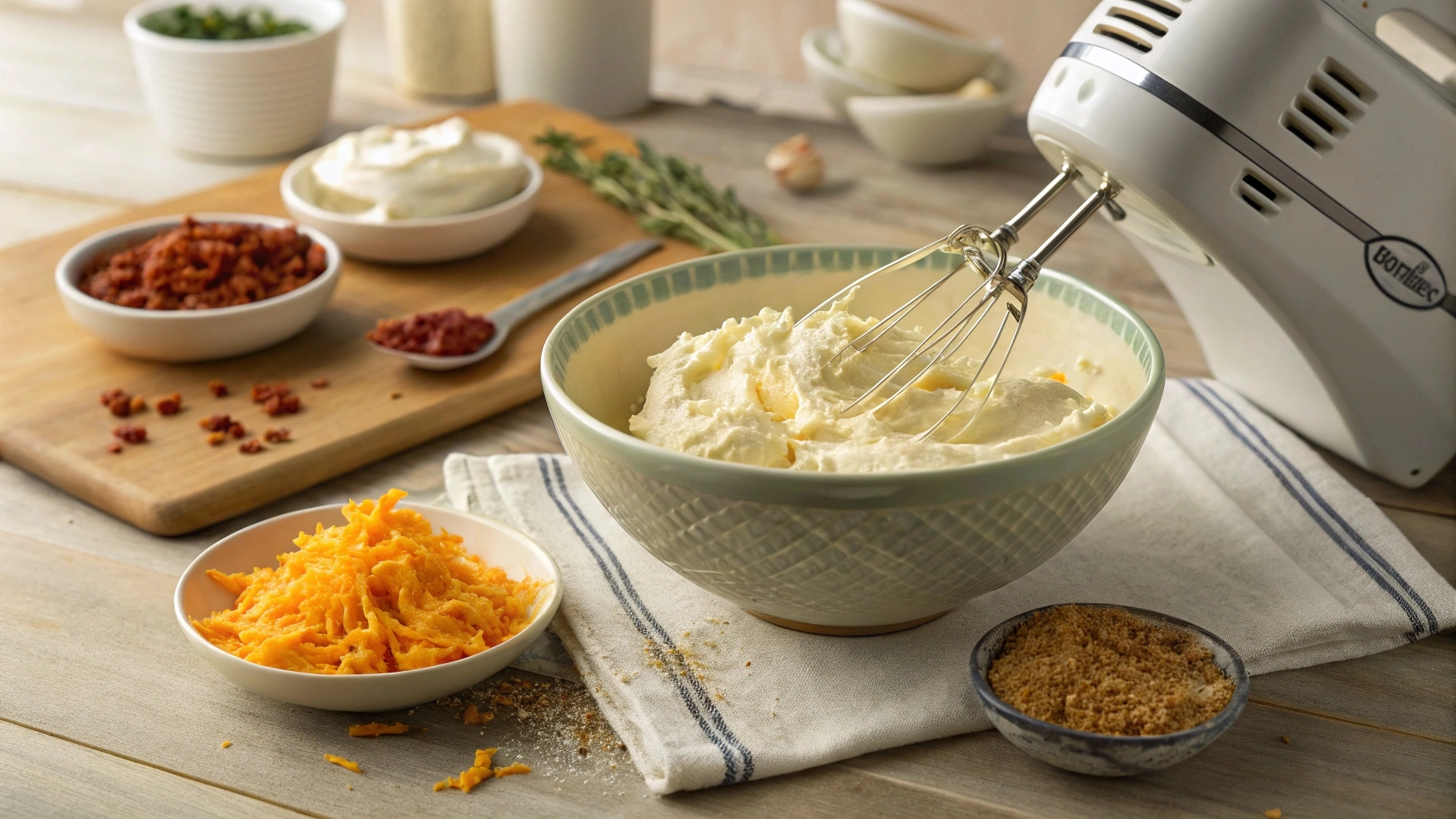 Creamy cheese mixture being blended in a mixing bowl with a hand mixer, surrounded by shredded cheddar, garlic powder, Worcestershire sauce, and smoked paprika.