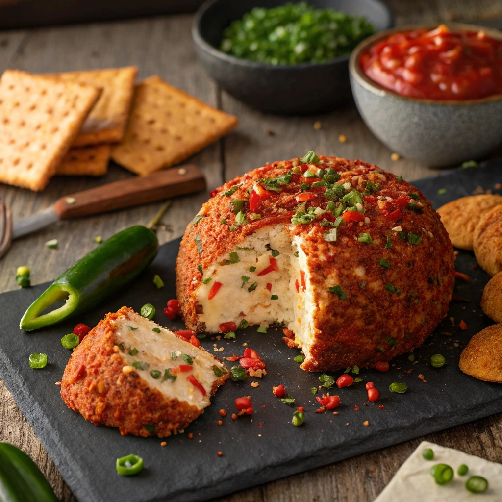 A cheese ball coated with crushed red pepper flakes, diced jalapeños, and chives, served on a slate board with crackers and fresh vegetables.