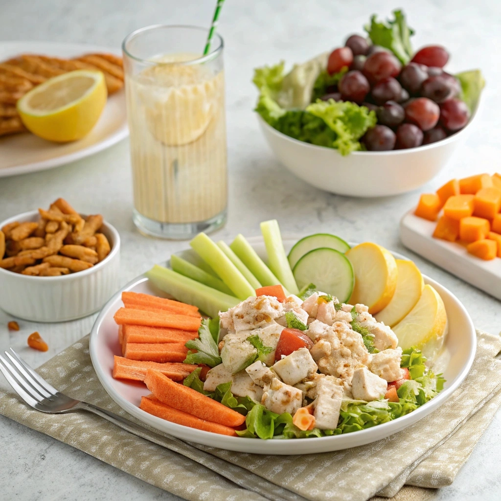 A fresh, vibrant buffalo chicken salad with crusty bread, roasted vegetables, and a green salad, paired with a refreshing glass of iced tea with a lemon slice on the rim, all beautifully arranged on a rustic wooden table.