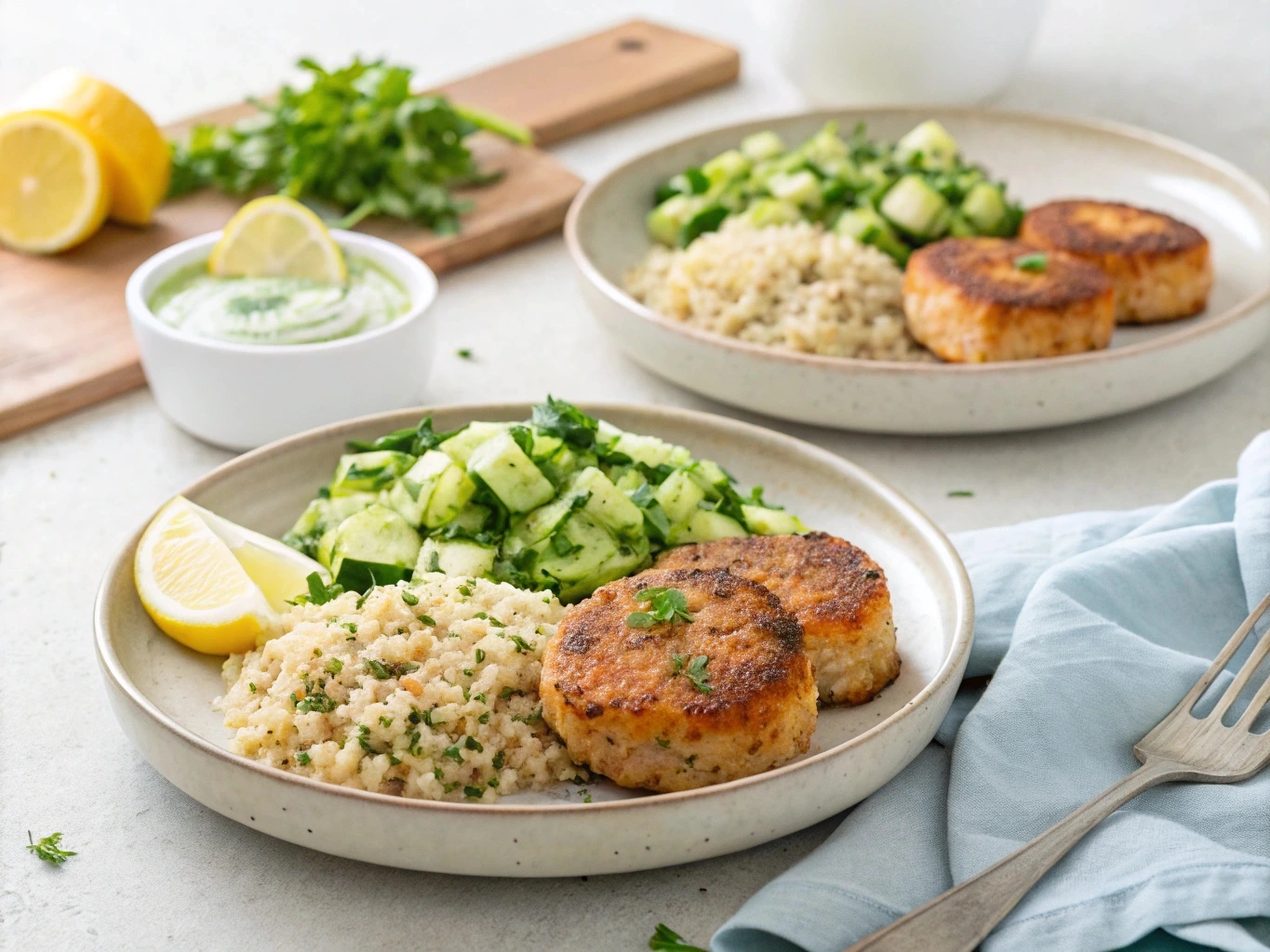 Healthy light meal with salmon patties, quinoa pilaf, and cucumber salad on a minimalist plate.