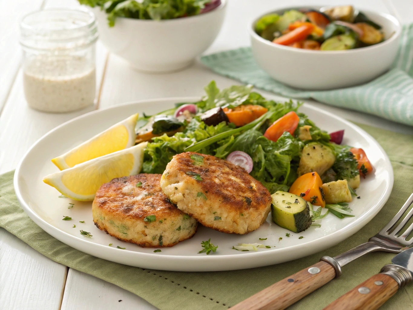 Golden salmon patties served with fresh green salad and roasted vegetables on a white plate.