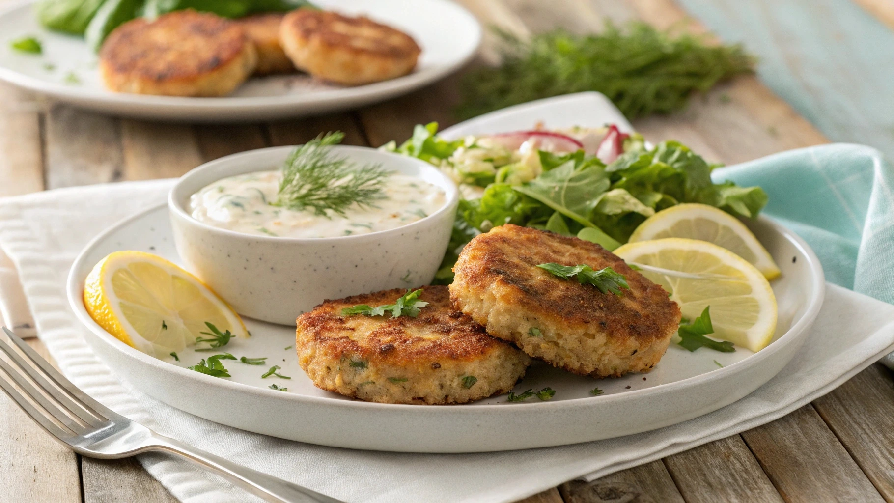 Plated salmon patties garnished with herbs, served with dipping sauce, lemon wedges, and a fresh salad on a rustic wooden table.