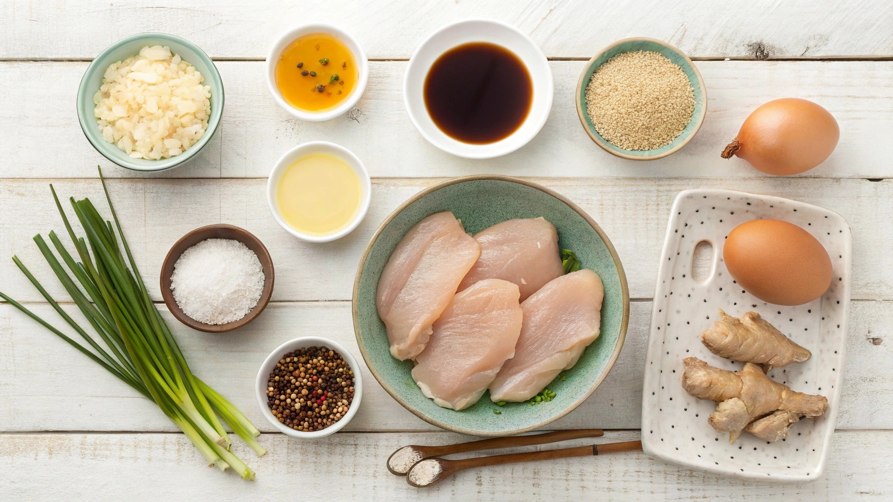 A clean arrangement of crispy honey chicken ingredients: chicken breasts, flour, cornstarch, eggs, honey, soy sauce, and optional garlic, ginger, sesame seeds, and green onions, placed on a rustic wooden surface.