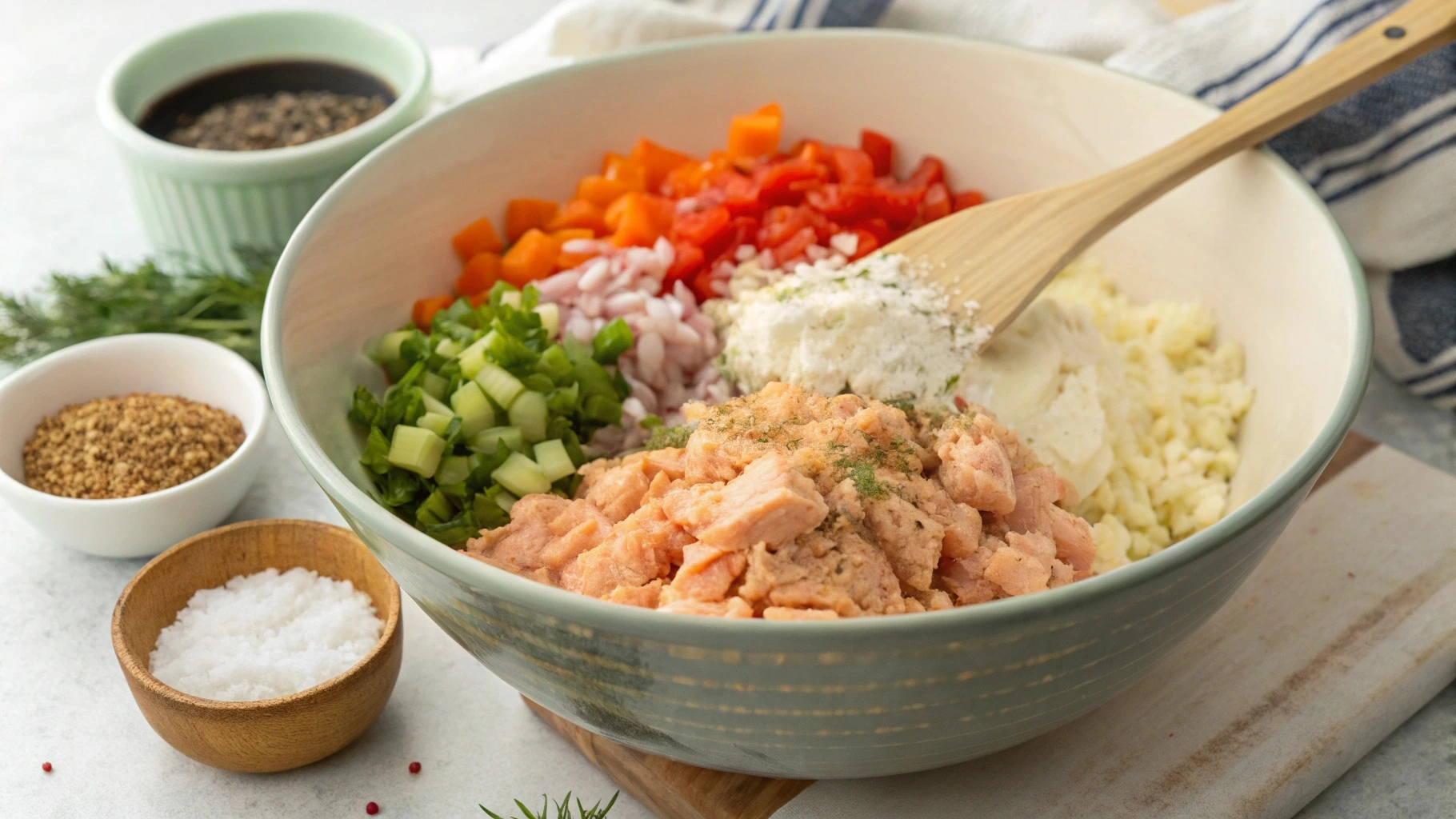 Close-up of a mixing bowl with flaked salmon, sautéed onions, diced bell peppers, breadcrumbs, egg, and mayonnaise being gently mixed together for salmon patties.