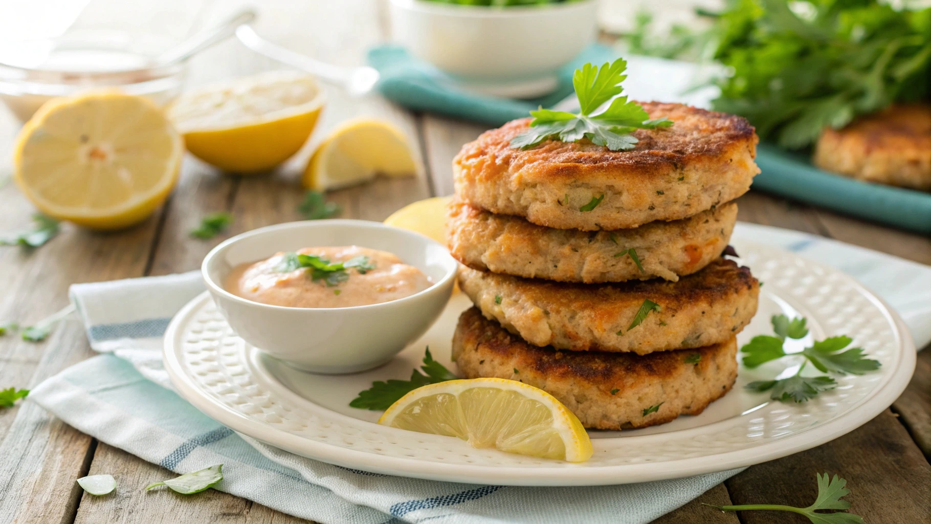 Golden-brown salmon patties stacked on a white plate, garnished with parsley and lemon slices, with dipping sauce on the side.