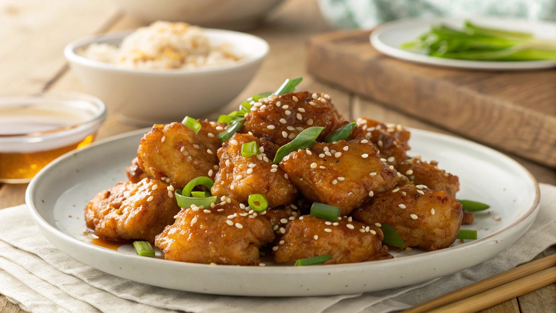 Crispy honey chicken glazed with a sweet sauce, garnished with sesame seeds and green onions, served on a white plate with a rustic wooden background.