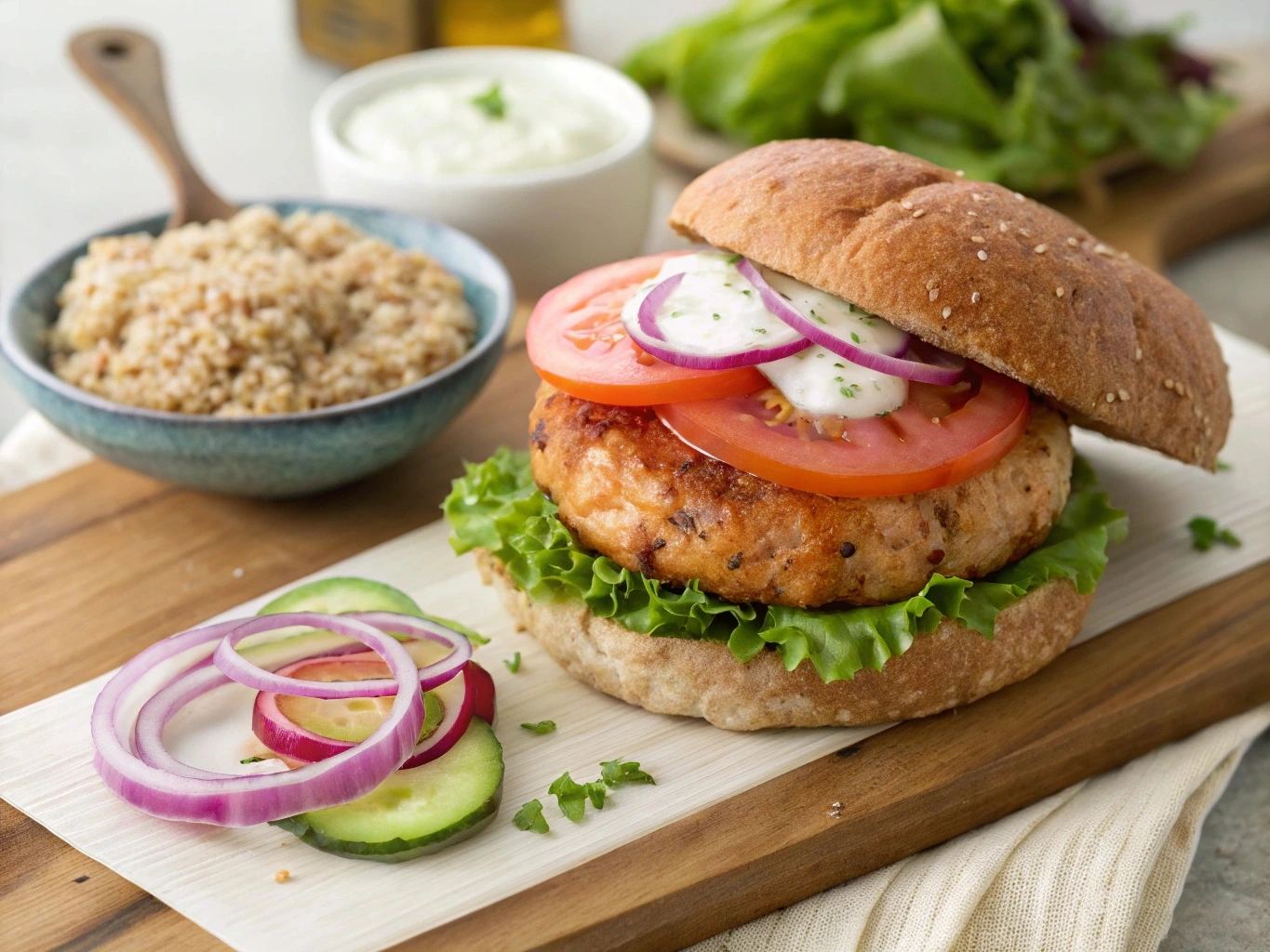 Salmon burger on a whole wheat bun with lettuce, tomato, onion, and dill sauce, served with quinoa salad.