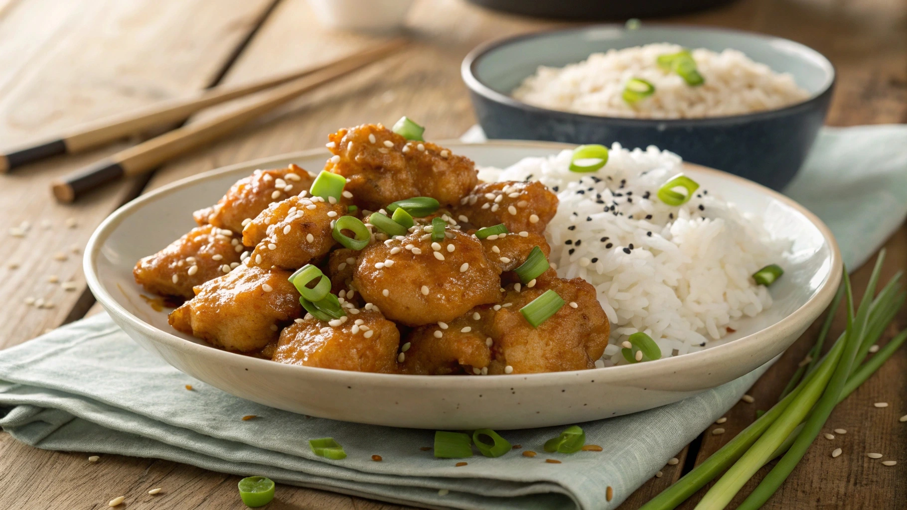 A plate of crispy honey chicken, glazed with shiny honey sauce, served with white rice, sesame seeds, and chopped green onions on a rustic wooden table.