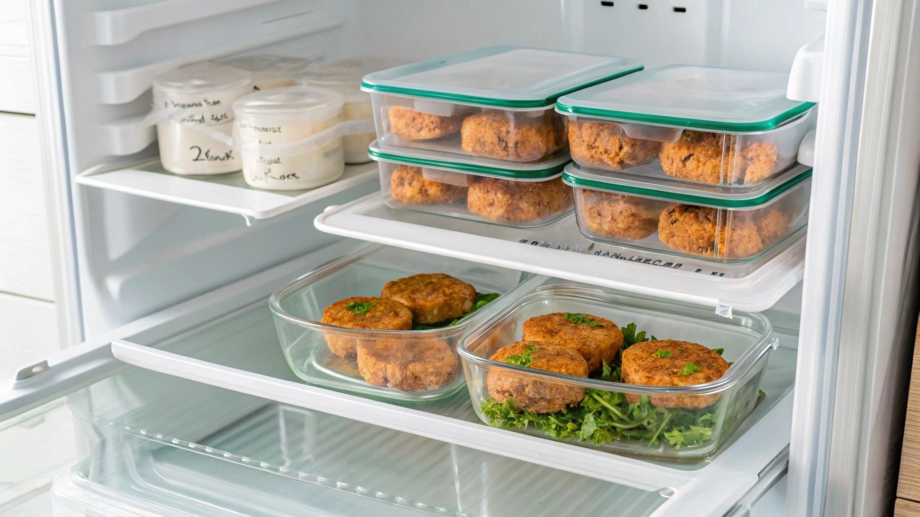 Stored salmon patties in airtight containers in a clean refrigerator with raw patties wrapped in parchment in the freezer.