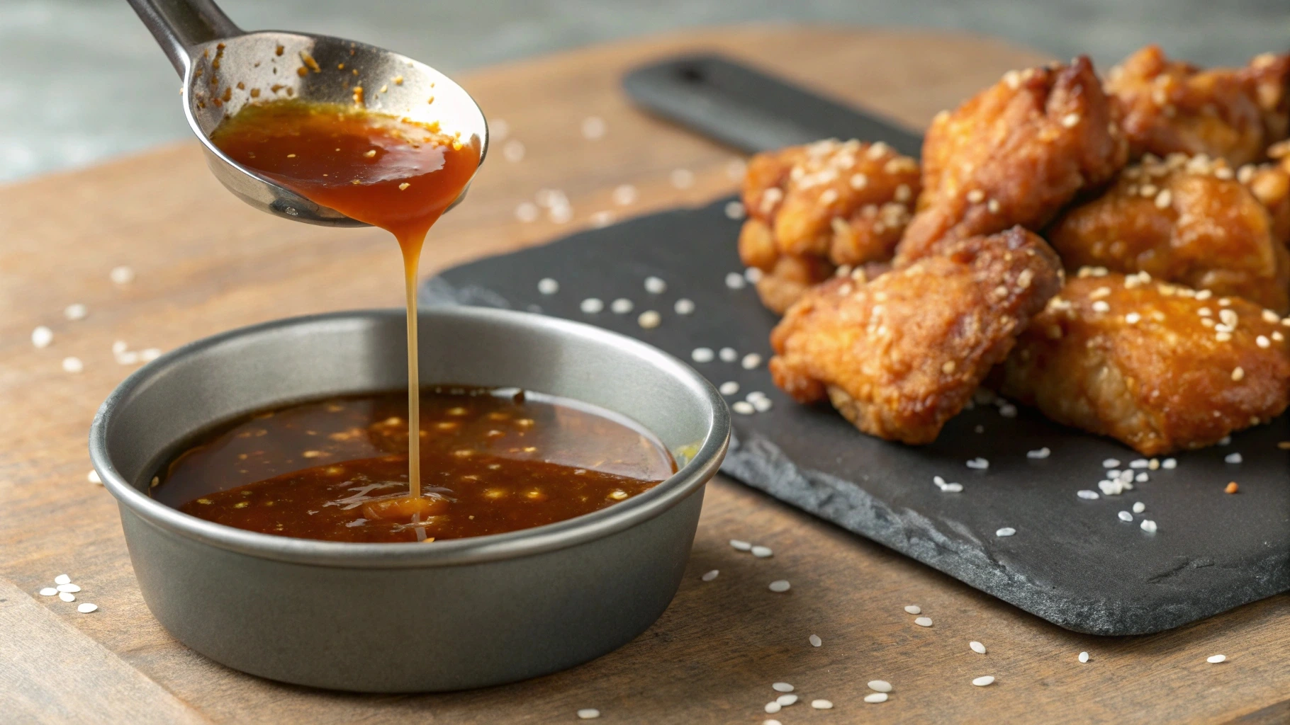 Crispy golden chicken pieces being drizzled with a glossy honey glaze, topped with sesame seeds and green onions.